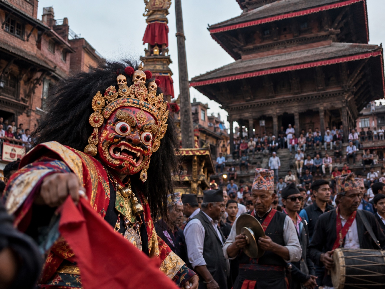 Masked Lakhe dancer and musicians at a festival in a Nepali temple square