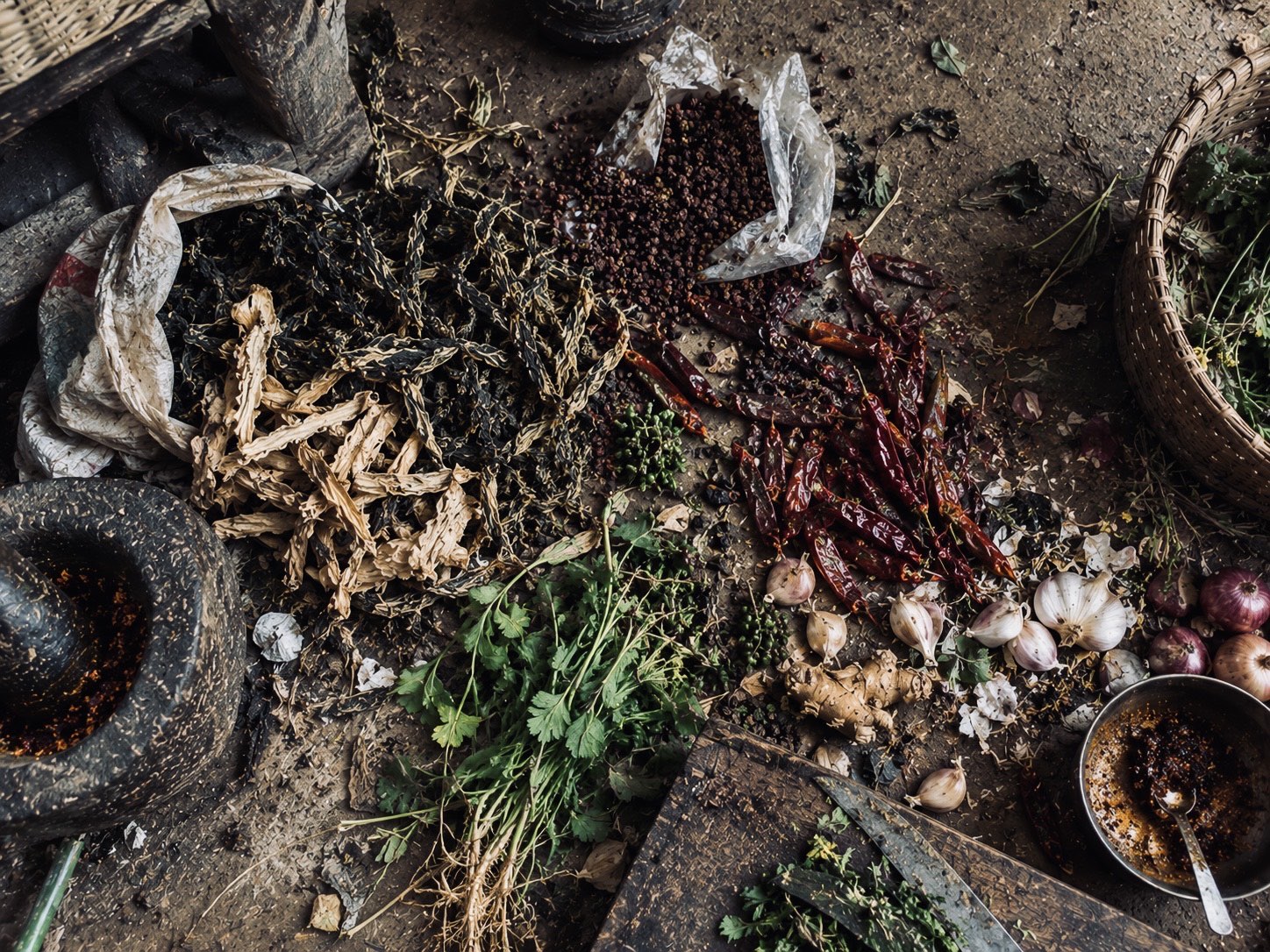 Himalayan spices: timur, dried chillies, garlic, ginger and fresh coriander